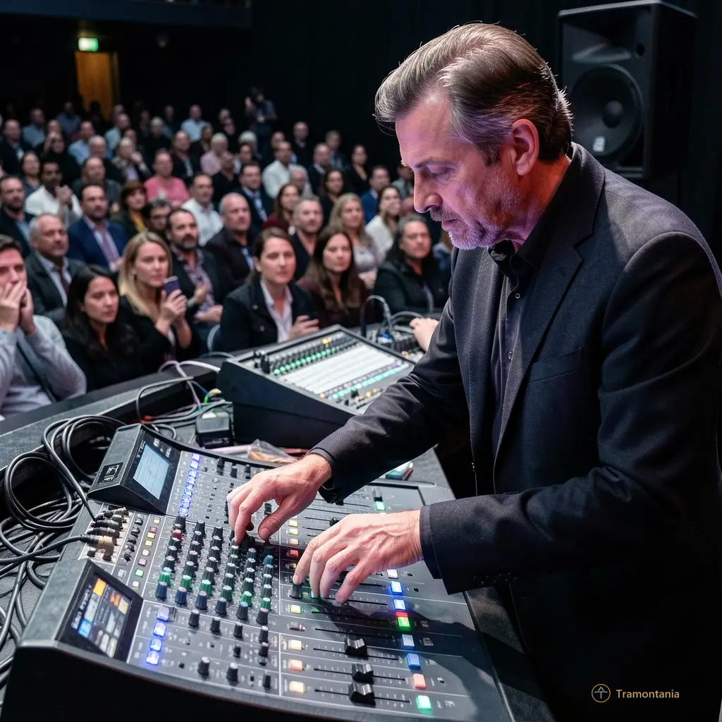 Un artiste en costume sombre manipulant des contrôleurs lumineux sur une table de mixage devant un public compact
