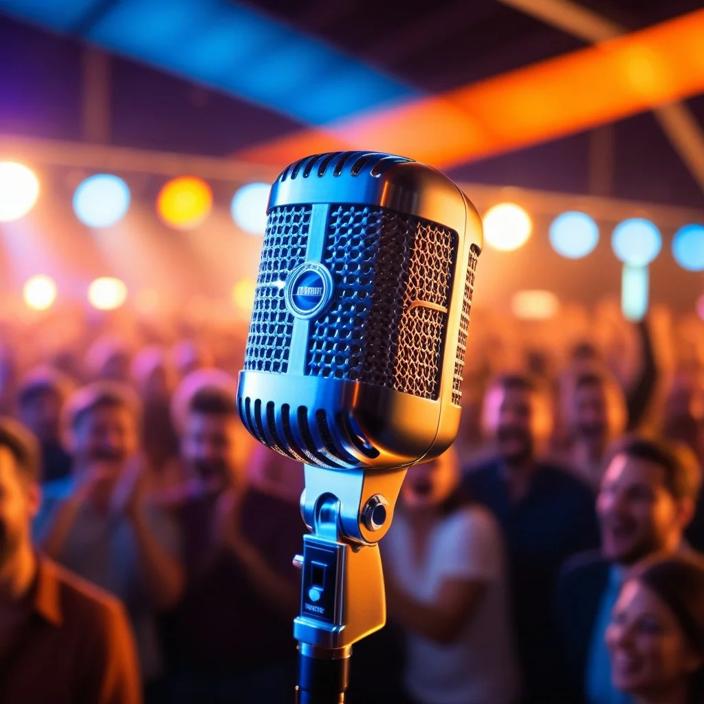 Close-up of a vintage microphone with a metallic mesh grille, slightly out of focus, reflecting colorful stage lights (blue and orange), with a blurred background of an enthusiastic crowd clapping, conveying energy and connection.