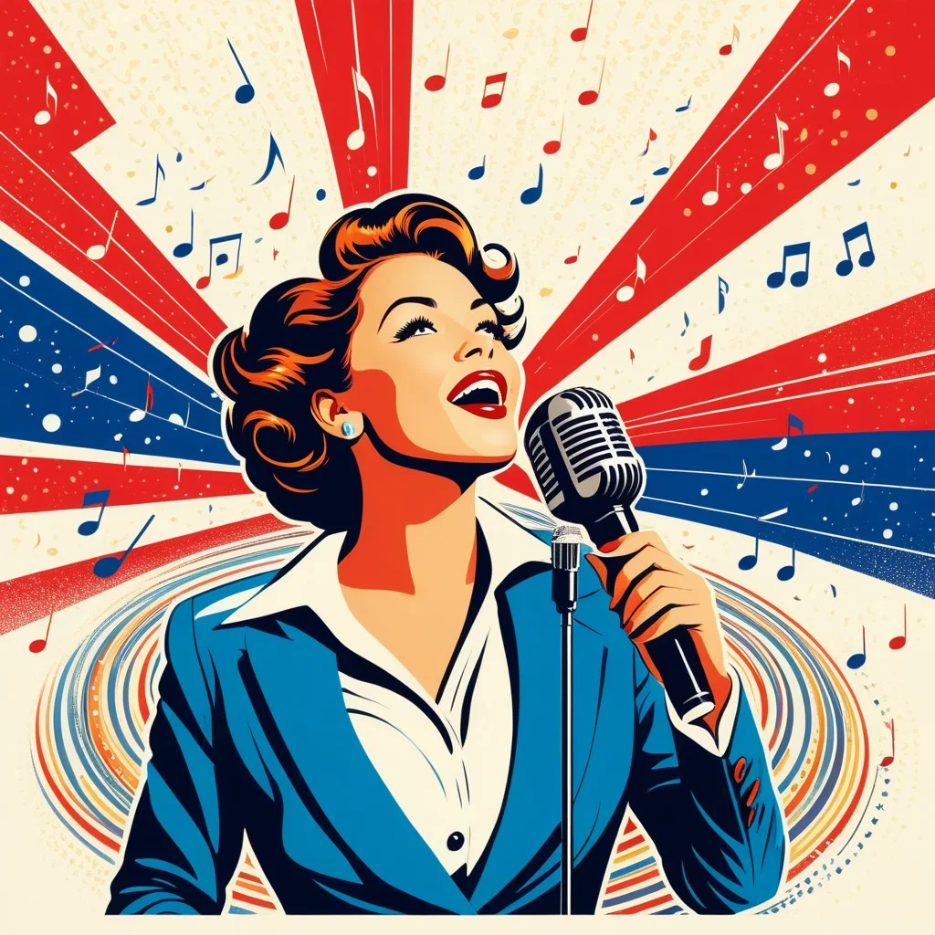 A vibrant, retro-style illustration of a singer holding a microphone, surrounded by swirling musical notes and French flags, capturing the passionate and nostalgic spirit of a tribute concert.