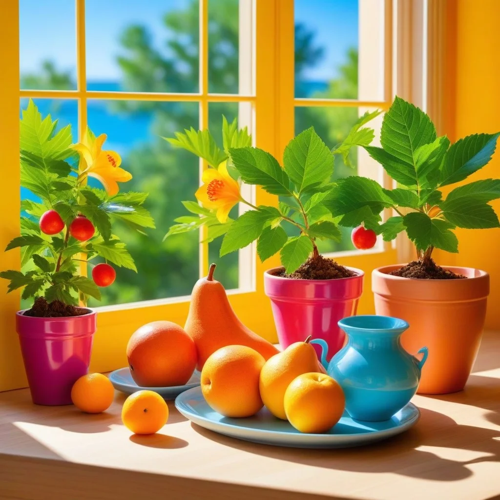 Vue d’ensemble chaleureuse de l’atelier : une table longue en bois, recouverte de feuilles de papier, de pinceaux, de pots d’eau et de fruits étalés comme un banquet paisible. Des participants penchés sur leurs dessins, dos à la caméra, dans une lumière dorée d’après-midi. Une étagère derrière eux affiche des livres anciens sur l’art naturaliste et une plante en pot qui pousse vers la fenêtre.