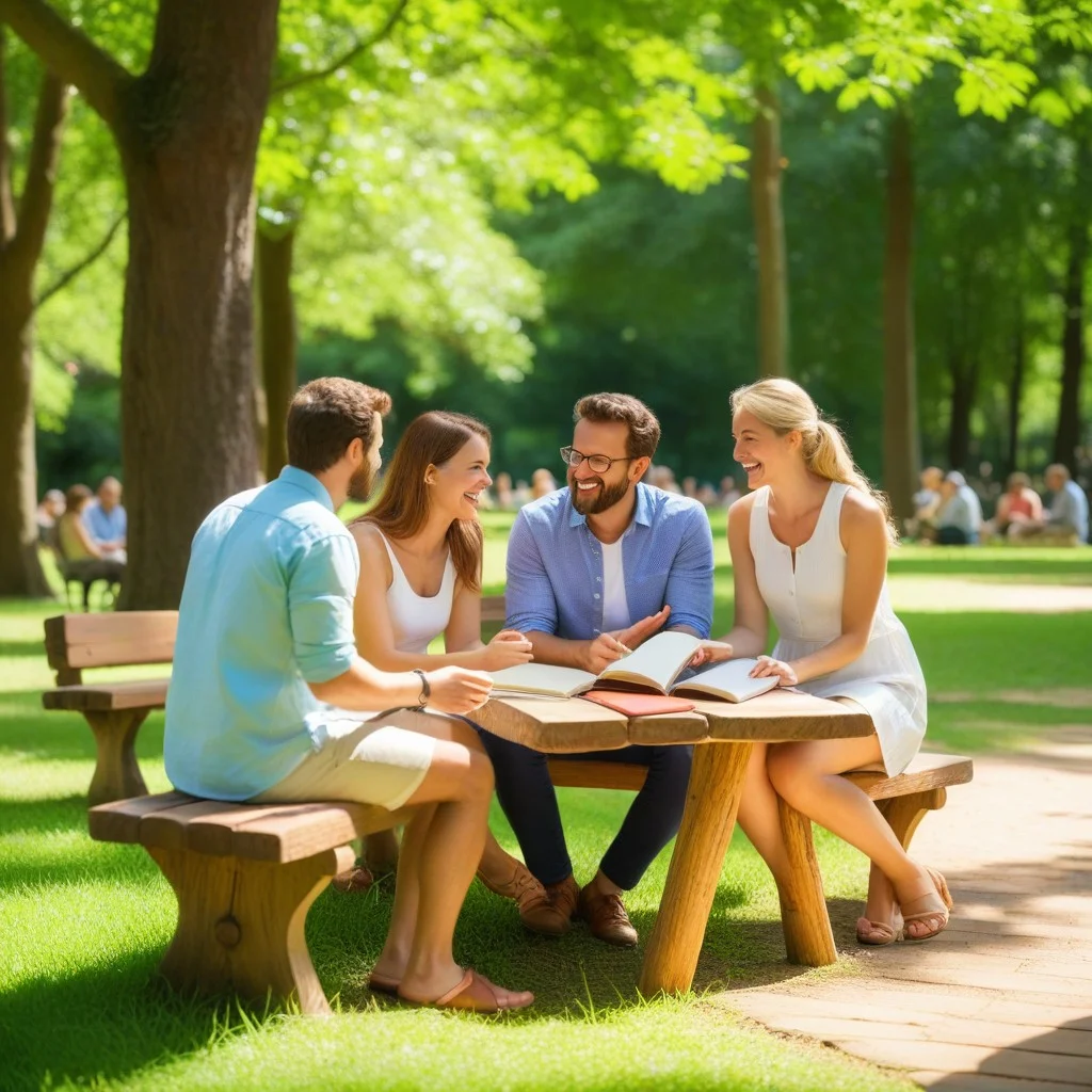 A medium shot of a small group of people sitting on a rustic wooden bench in a lush, green park setting. They are engaged in lively conversation, gesturing with their hands. One person holds an open notebook. The atmosphere is relaxed and collaborative, with dappled sunlight filtering through the trees above, creating a warm, inviting mood.