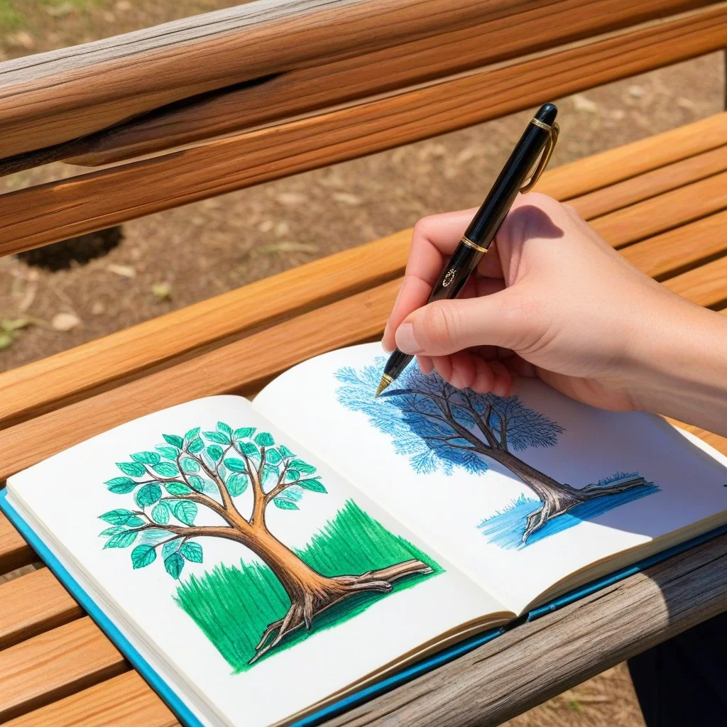 A detailed close-up of a pair of hands resting on a weathered wooden park bench. On the bench lies an open sketchbook with rough pencil sketches of a tree branch and a small water droplet. A colorful fountain pen rests beside it. The focus is sharp on the texture of the wood and the paper, highlighting the tactile nature of the creative process in an outdoor setting.