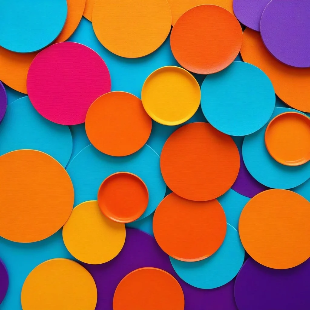 Plan rapproché d’un tableau en cours de réalisation, composé de cercles superposés aux couleurs vives — orangé, violet, turquoise — avec des traces de doigts, des éclaboussures et un pinceau posé à côté, encore goutte à goutte. Le fond est une table en bois avec des tubes de peinture ouverts et des chiffons tachés.