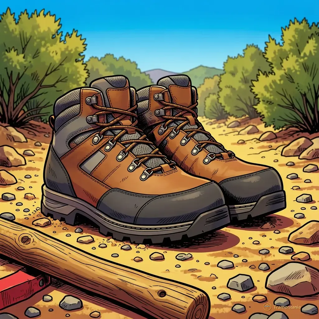 Nino, l'âne de Tramontania — Une paire de bottes de randonnée repose sur un terrain accidenté mêlant gravier, pierres et terre sèche sous le soleil éclatant