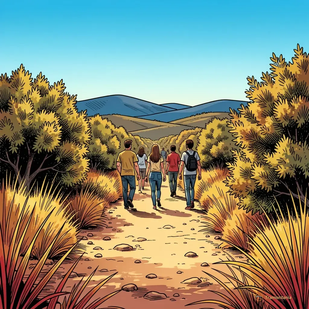 Nino, l'âne de Tramontania — Un groupe de personnes marchent sur un sentier poussiéreux bordé par le maquis méditerranéen et l'herbe jaune sèche sous un ciel bleu clair