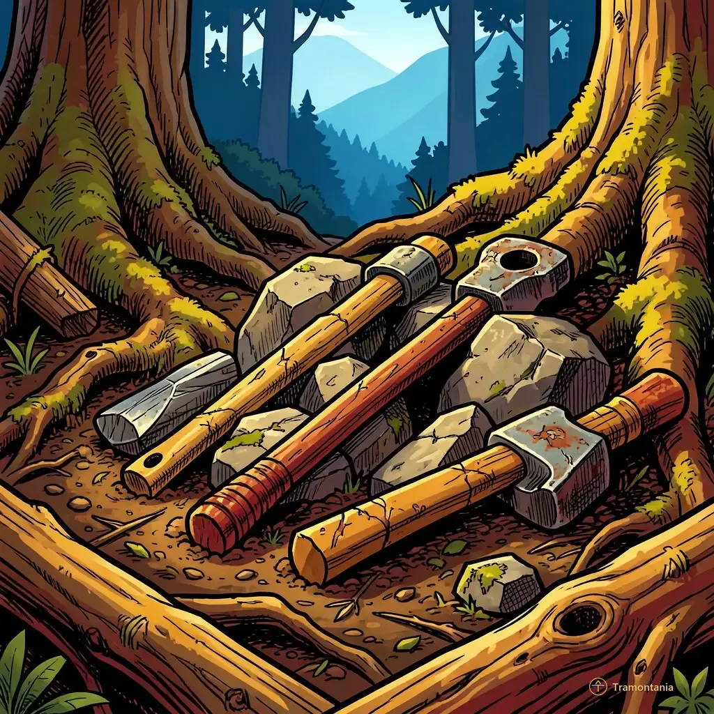 Nino, l'âne de Tramontania — Des outils anciens ou des fragments rocheux reposent parmi les débris forestiers dans les contreforts pyrénéens, mettant en valeur leur texture et leur âge