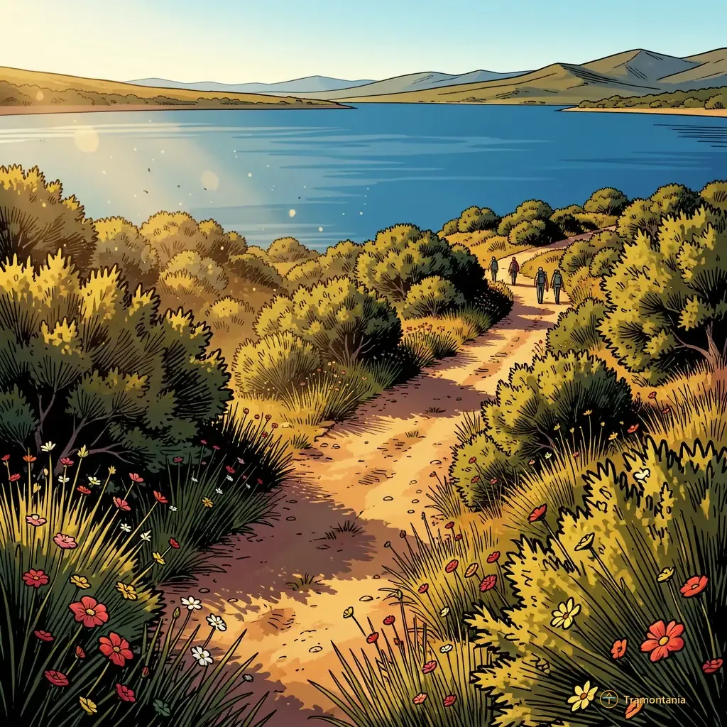 Nino, l'âne de Tramontania — Deux chemins de terre convergent près de l'eau où la végétation dense et les fleurs sauvages bordent le rivage