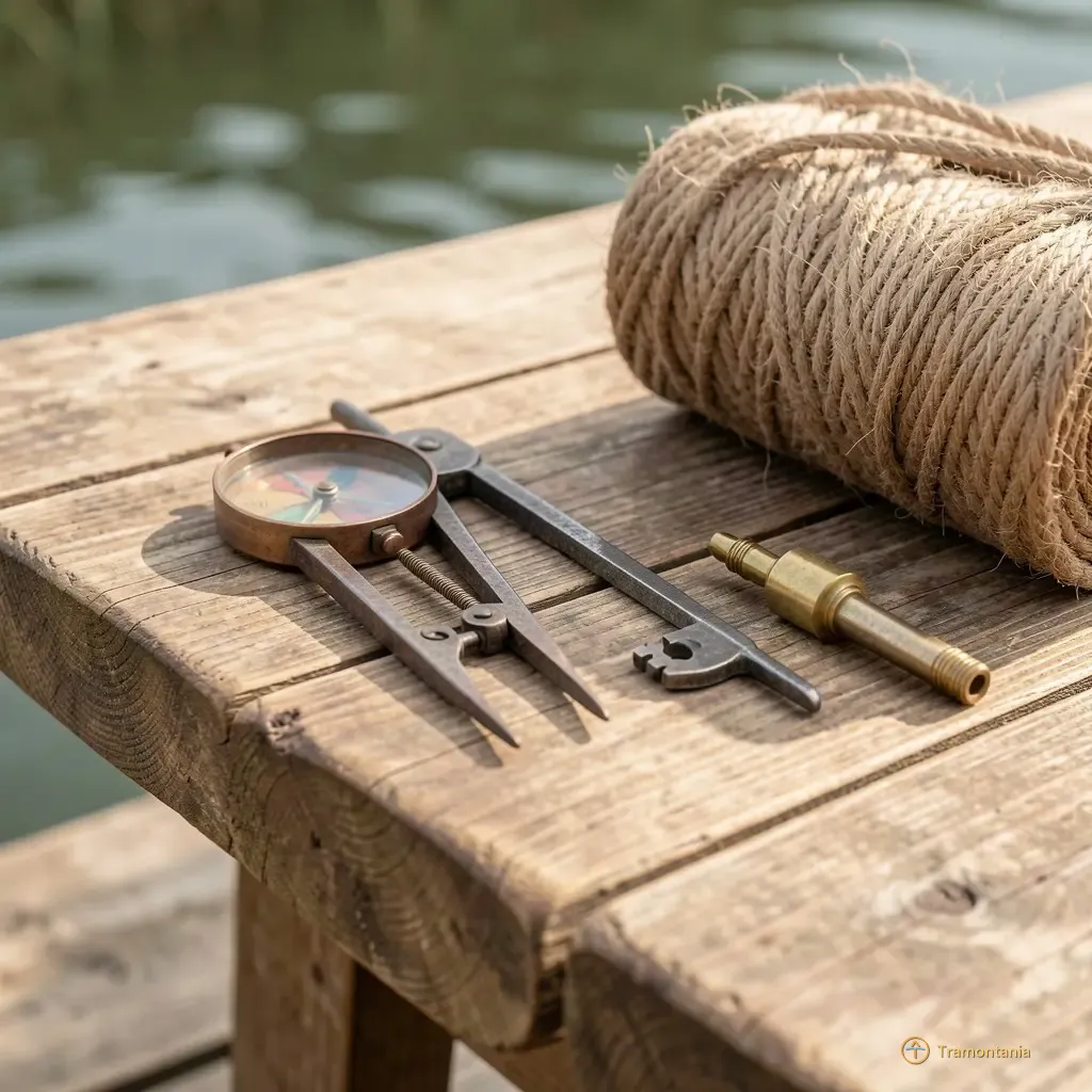 Détail d’une table en bois brut sur le quai. Sur la surface : deux compas anciens (un en cuivre, un en acier), un rouleau de corde naturelle et une clé à bougie posée près d’un carnet ouvert. La lumière est douce, oblique.