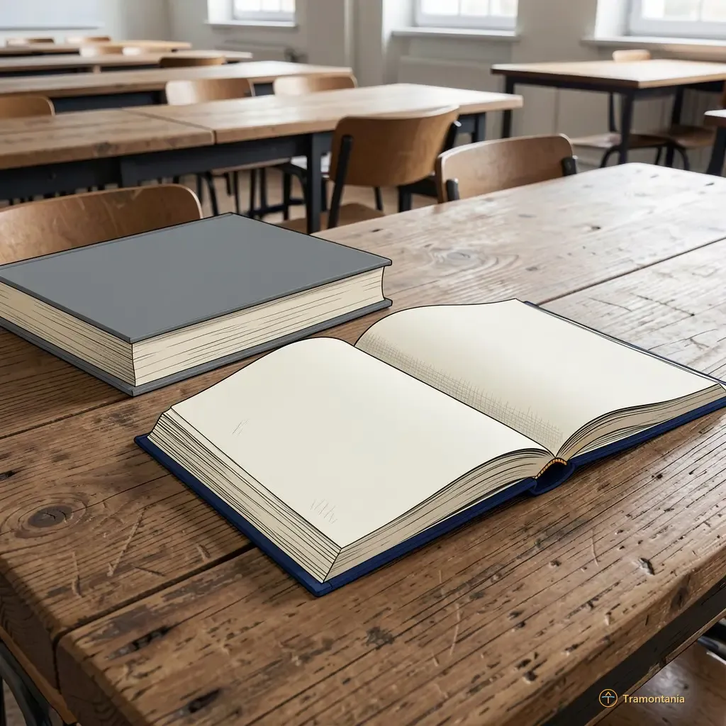 Un empilement de livres reliés et de carnets ouverts repose sur une table en bois avec un grain visible