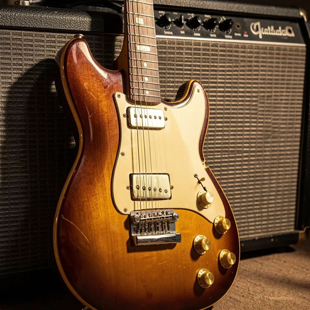 Gros plan sur une guitare électrique vintage posée contre un amplificateur, avec des reflets dorés et des ombres portées dramatiques