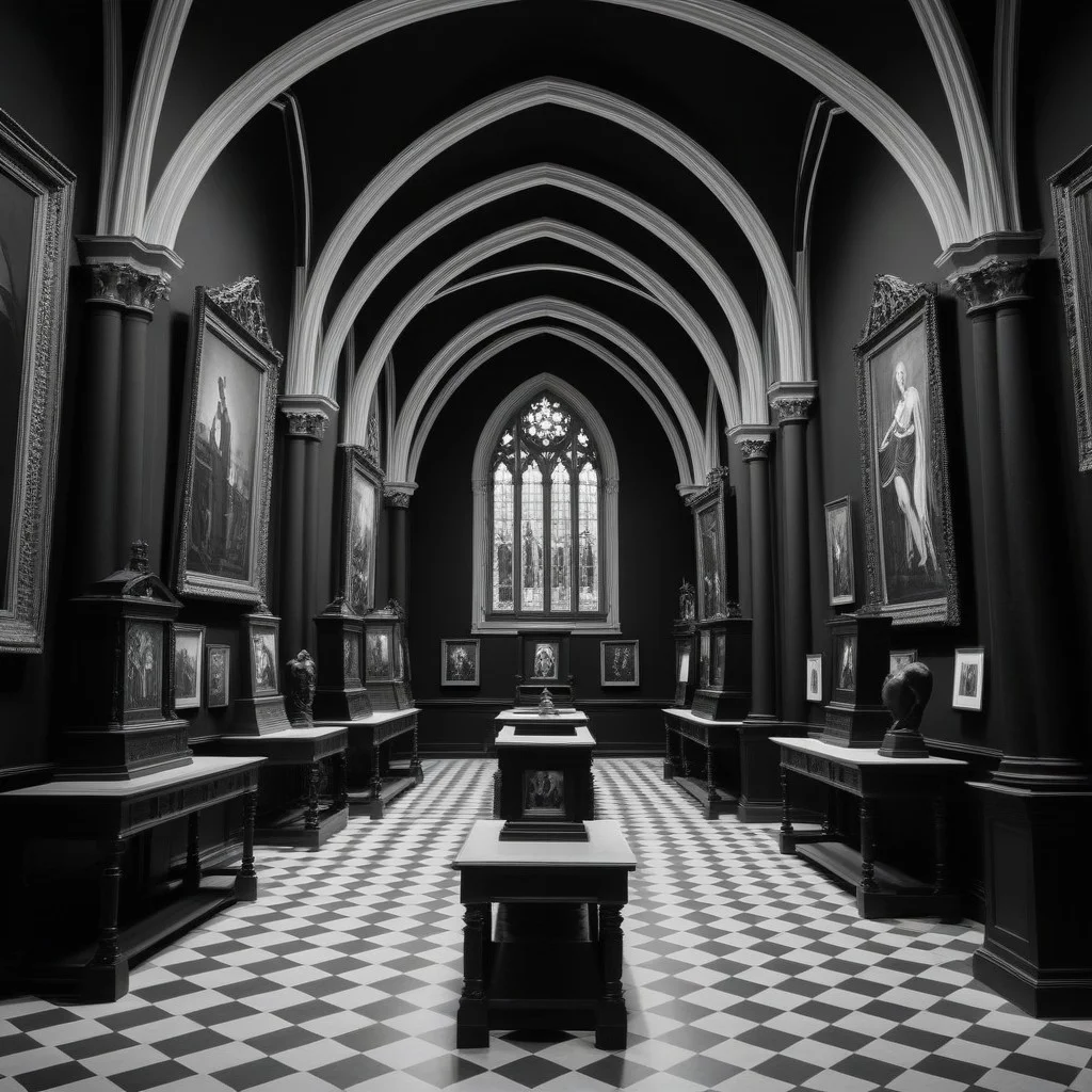 Une vieille photo en noir et blanc d'une salle de musée avec des œuvres d'art encadrées.