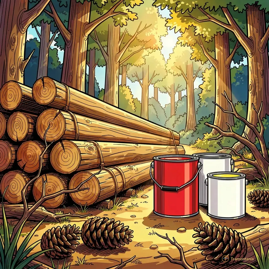 Une pile de matériaux pour marquage de sentier comprend des piquets neufs et plusieurs pots de peinture vive posés au sol forestier