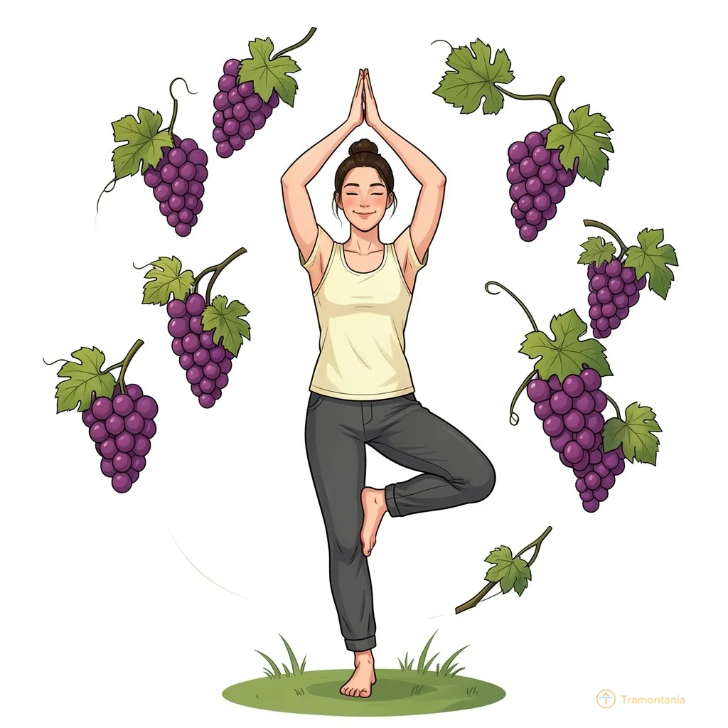 Illustration style BD légère : un pratiquant de yoga dans la posture de l'arbre (Vrksasana), souriant calmement, entouré de grappes de raisin stylisées qui semblent danser doucement au vent