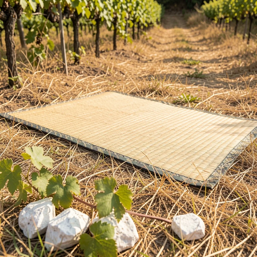 Photo lumineuse en gros plan : un tatami yoga posé délicatement sur l'herbe sèche d'un chemin rural, avec des feuilles de vigne et quelques cailloux blancs au premier plan, évoquant la simplicité et le contact direct avec la nature