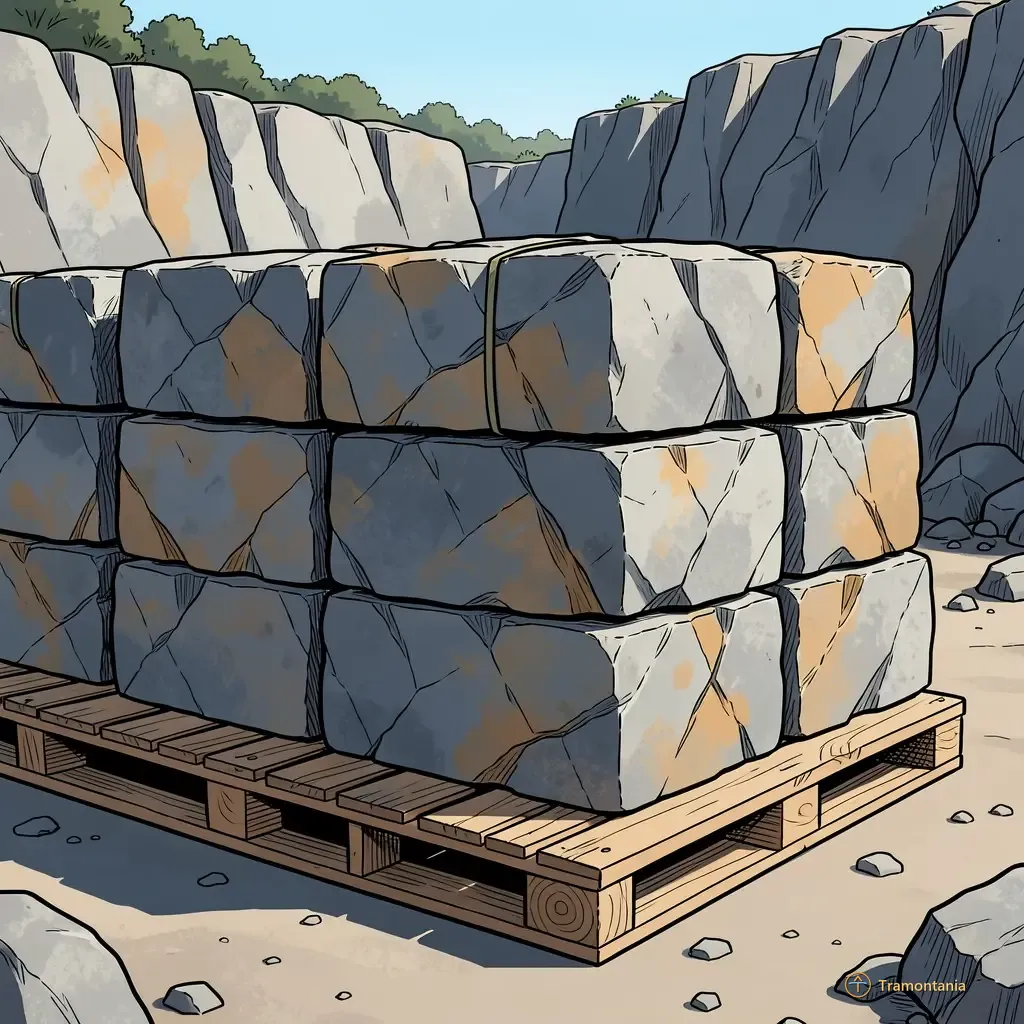 Des blocs de pierre Canigou bruts empilés proprement sur une palette en bois dans une carrière extérieure montrent différentes teintes grises