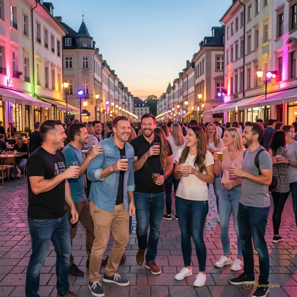 Foule en liesse sur une place pavée au crépuscule, des gens qui boivent un verre à la main et rient sous les projecteurs colorés