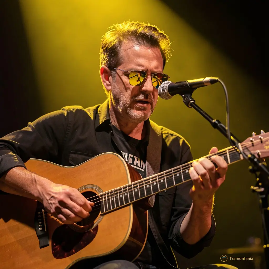 Gros plan sur un musicien jouant de la guitare acoustique sous un projecteur jaune chaud, reflet dans ses lunettes