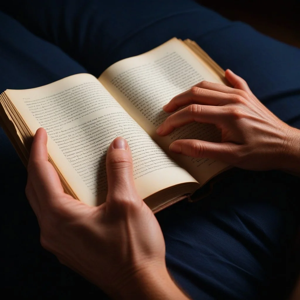A close-up of a pair of hands gently holding a thick, textured book or a stack of handwritten pages. The lighting is moody and intimate, highlighting the texture of the paper and the delicate veins on the skin, suggesting a deep connection with the text.