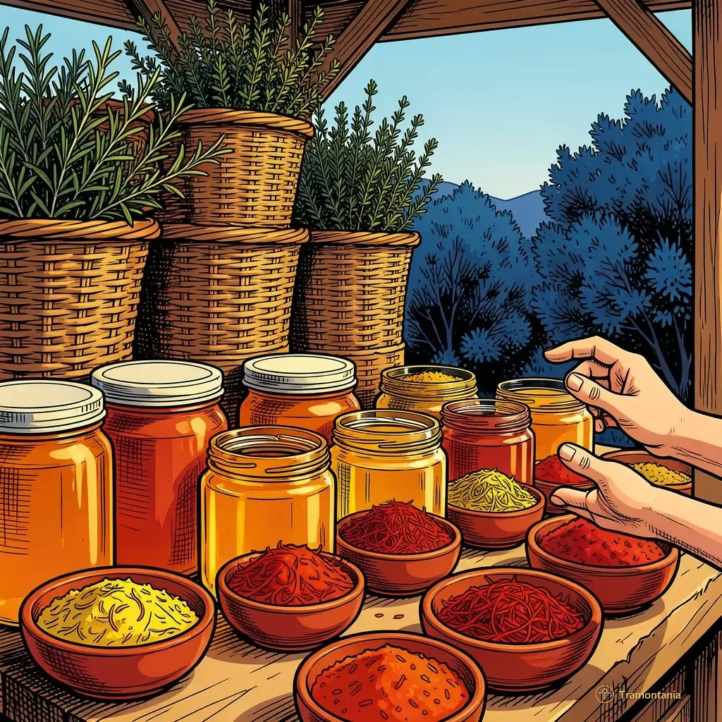 Nino, l'âne de Tramontania — Divers pots artisanaux de miel et petits bols de céramique remplis d'épices colorées sont présentés devant un fond de paniers tressés