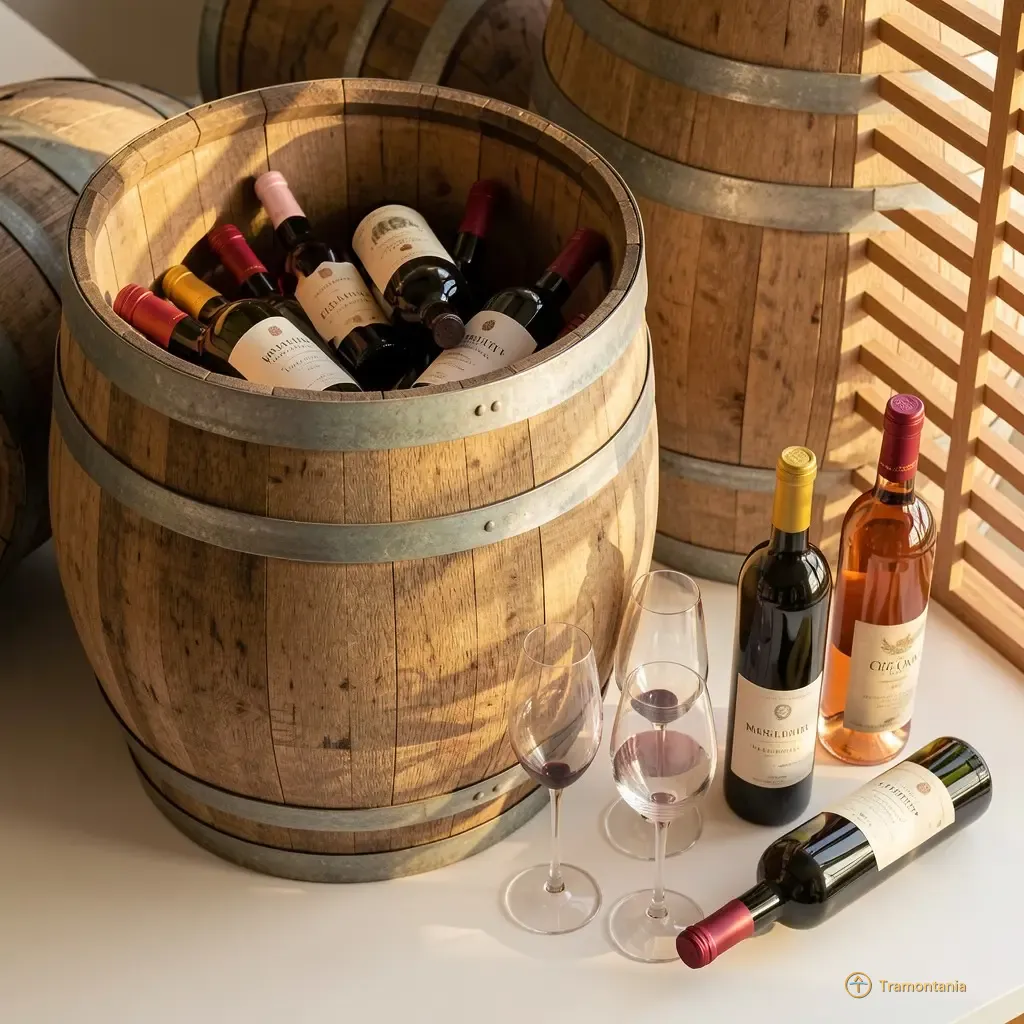 Nino, l'âne de Tramontania — Un grand tonneau en bois rempli de vin local repose à côté de flûtes et de bouteilles empilées