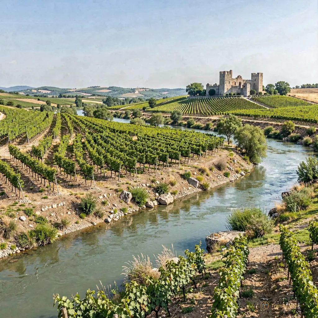 View of vineyards along the Agly river with distant castle ruins