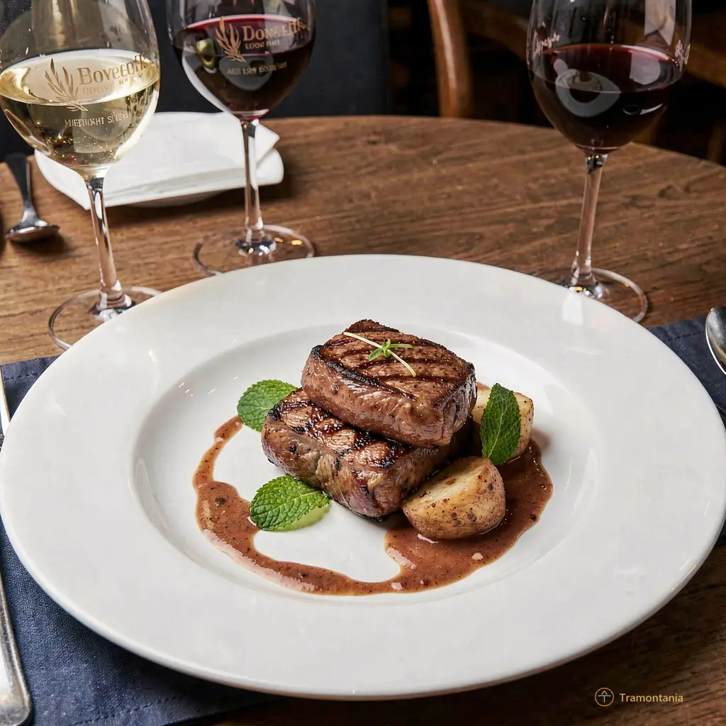 Close-up of a plated gourmet dish with local wine glasses