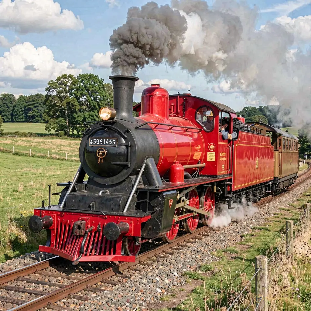 Exterior of a classic red steam-style train moving through rural landscape
