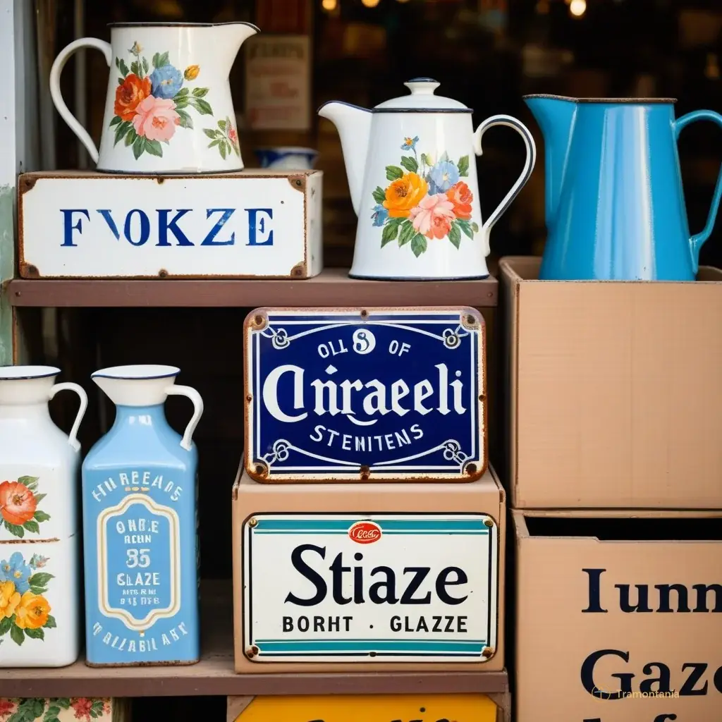 Close-up of a stack of vintage enamel signs and ceramic jugs with faded floral patterns sitting on a cardboard box at the market stall, highlighting the texture of old metal and glaze under soft morning light.