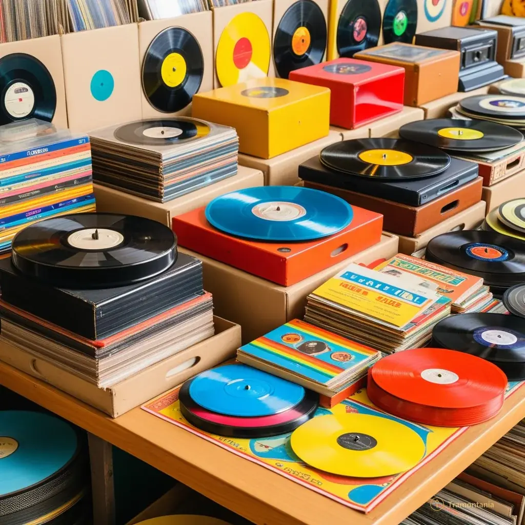 Detail of colorful vintage toys and stacks of old vinyl records on a vendor's table, with price tags visible, highlighting the eclectic mix of treasures under natural daylight.
