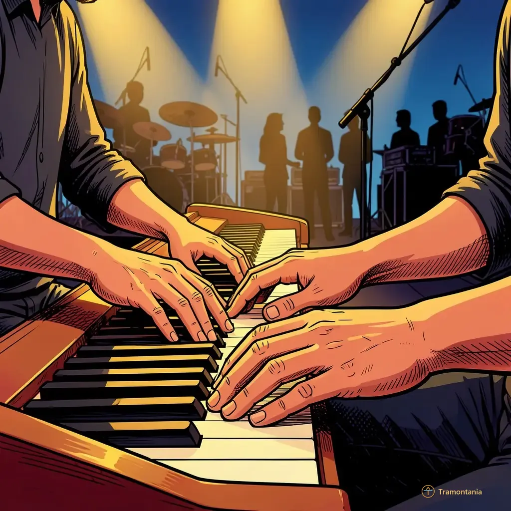 Des mains jouent sur un clavier acoustique éclairé par des projecteurs chauds devant le public flou