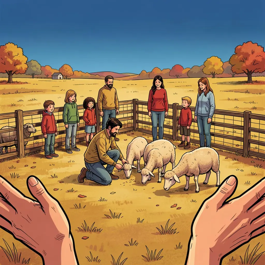 Nino, l'âne de Tramontania — Des enfants et parents se regroupent dans un champ agricole devant des petits enclos où paissent moutons ou agneaux, une personne interagit avec les animaux