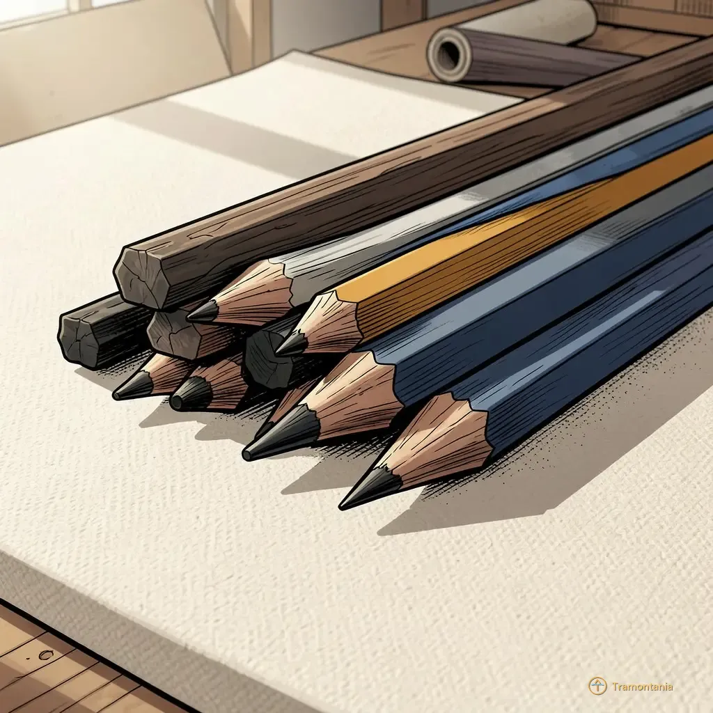 Des outils à dessin empilés reposent sur un papier texturé beige, mettant en valeur le grain du bois et les pointes