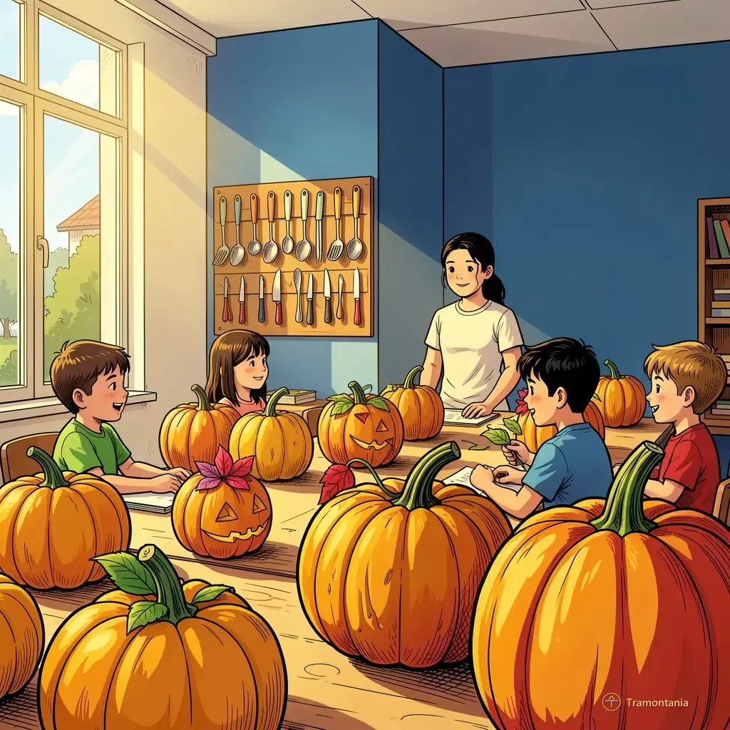 Une scène illustrée montre plusieurs citrouilles décoratives et des outils suspendus dans un atelier d'apprentissage lumineux