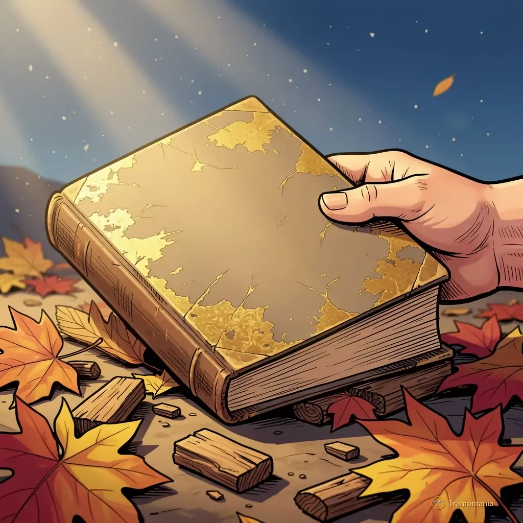 Une main tient un livre ancien aux lettres dorées posé près de feuilles mortes automnales et morceaux de bois brut