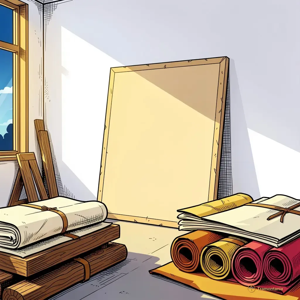 A medium shot of a large, unfinished canvas leaning against a plain white wall in an art studio space. The foreground shows various natural elements like raw wood supports and rolls of primed linen cloth stacked neatly on the floor (but not touching it). Bright morning light enters from one side.