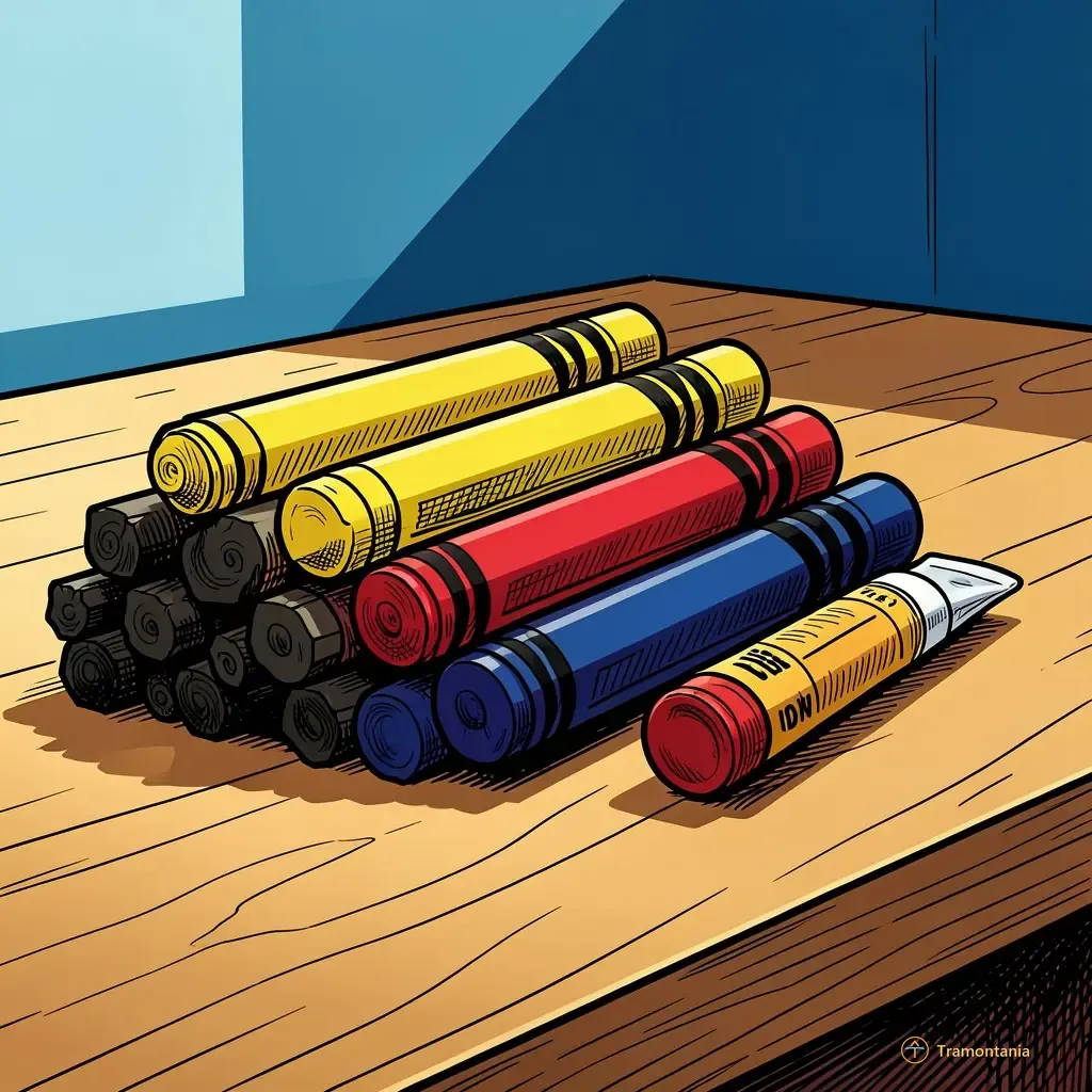 A detailed close-up shot of a stack of various art materials—charcoal sticks, oil pastel crayons in bright colors (yellows, reds, deep blues), and small tubes of paint—resting on an unadorned wooden workbench; the light is crisp morning daylight coming from one side