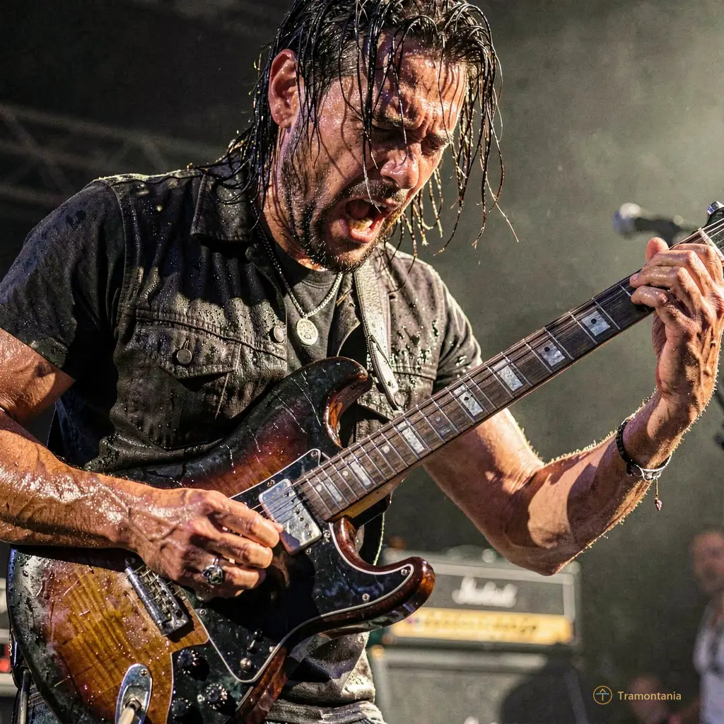 Gros plan sur un guitariste en sueur, intensité maximale, lumière rasante