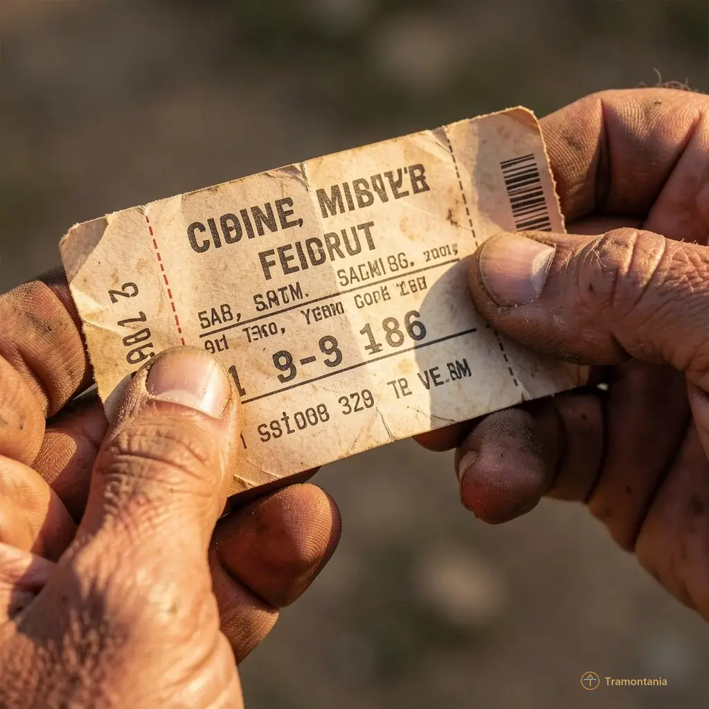 Close-up of weathered hands holding an old concert ticket from 1986, texture visible under warm light
