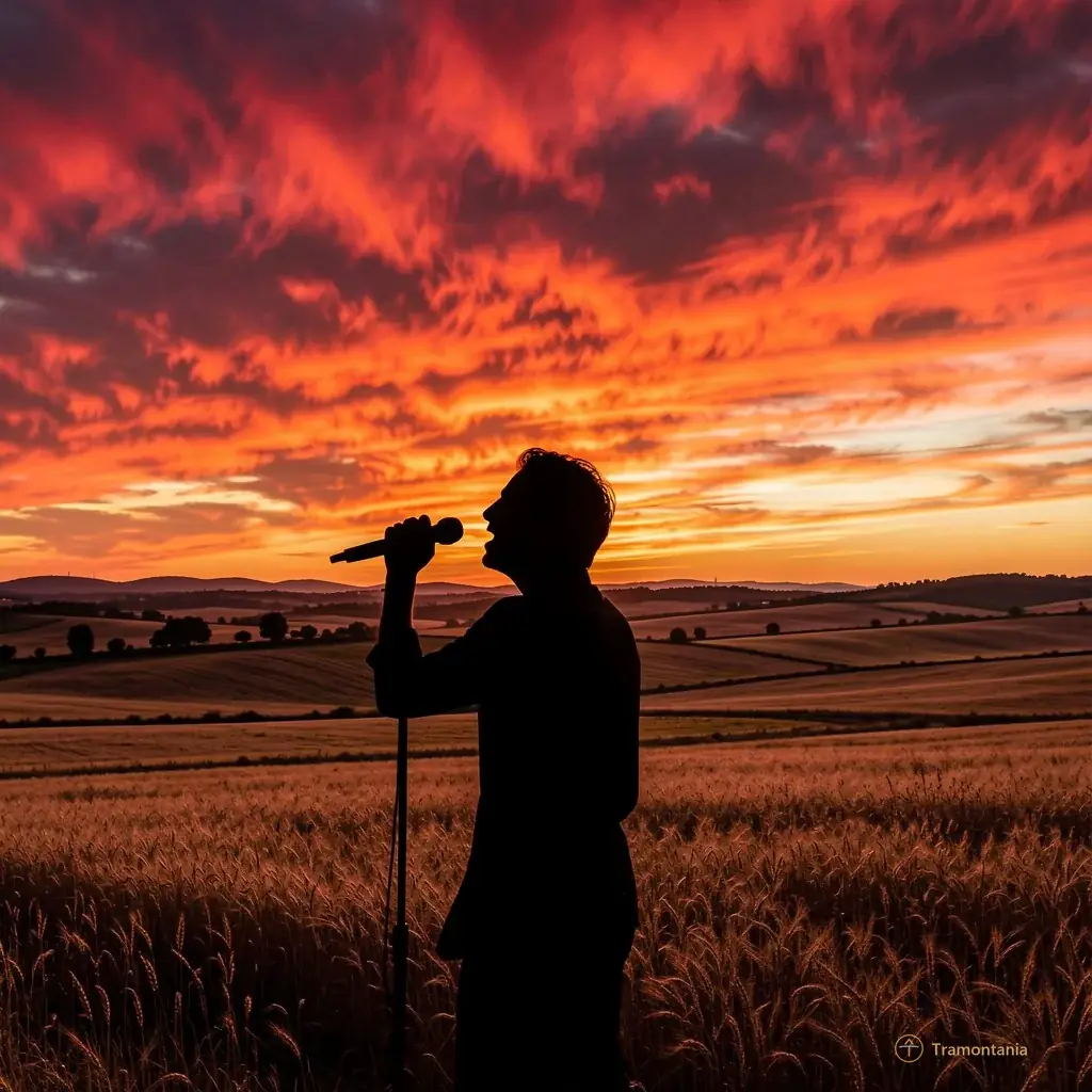 Silhouette of a singer against a backdrop of red and orange sunset clouds over flat Roussillon fields
