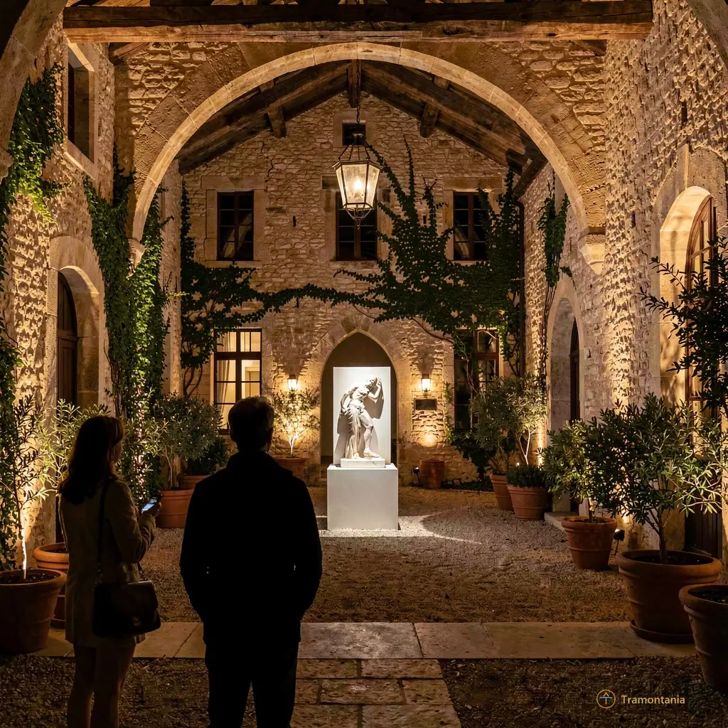 Une visite guidée nocturne dans la cour intérieure du Mas Carbasse, avec des silhouettes observant une œuvre