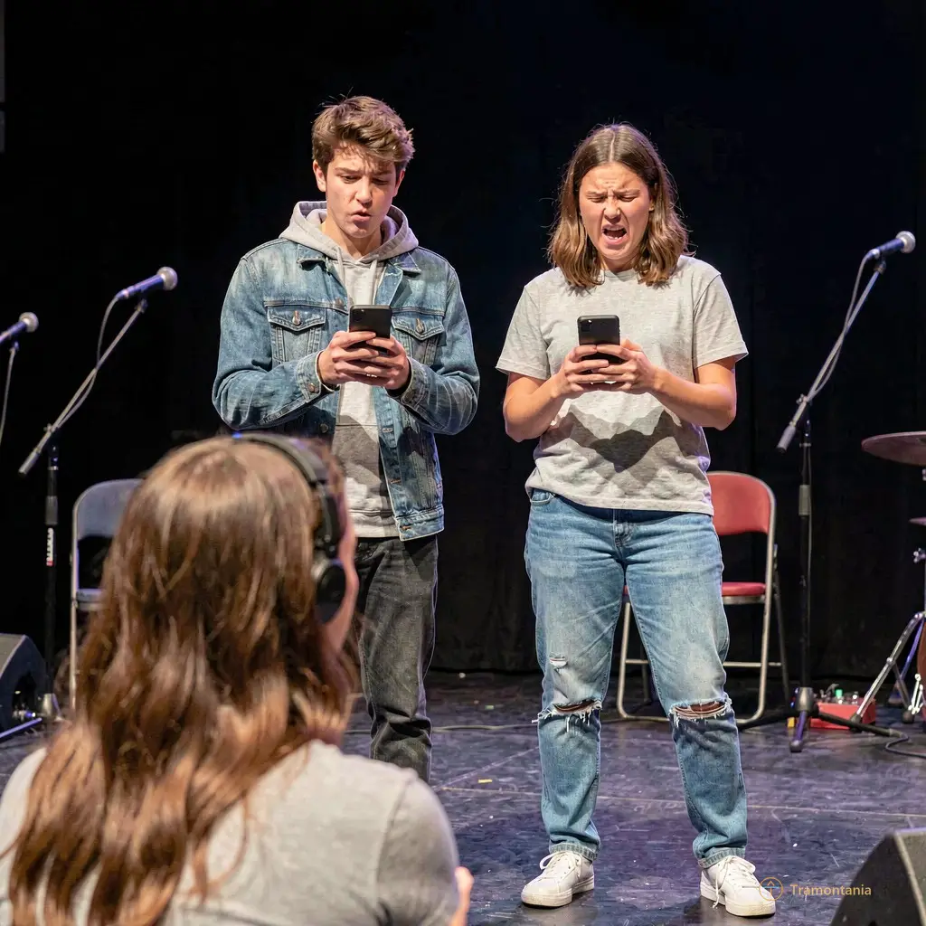 Two teenagers on stage holding smartphones, mocking expressions towards a mother in the foreground