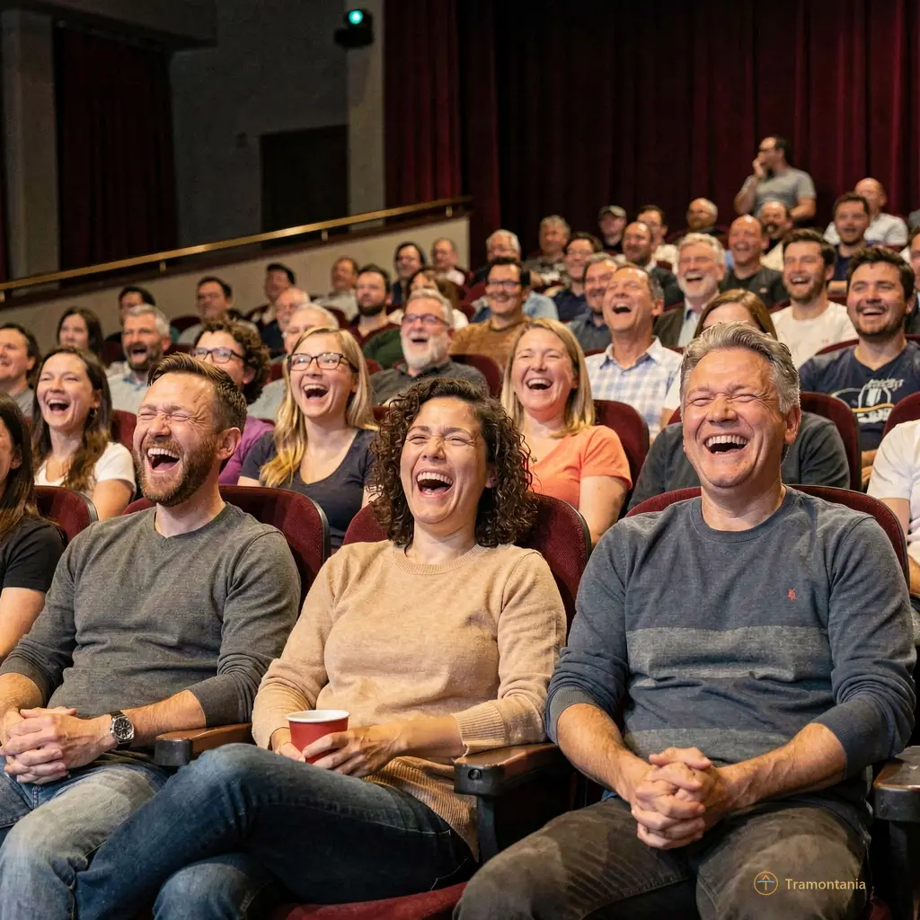 Audience laughing loudly at a comic line, relaxed atmosphere in the theater