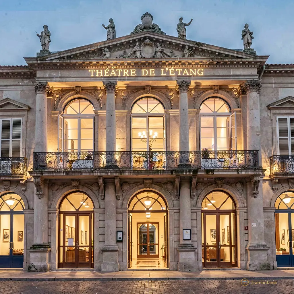 Exterior facade of the Théâtre de l'étang at Saint-Estève in the evening with warm lights filtering through doors