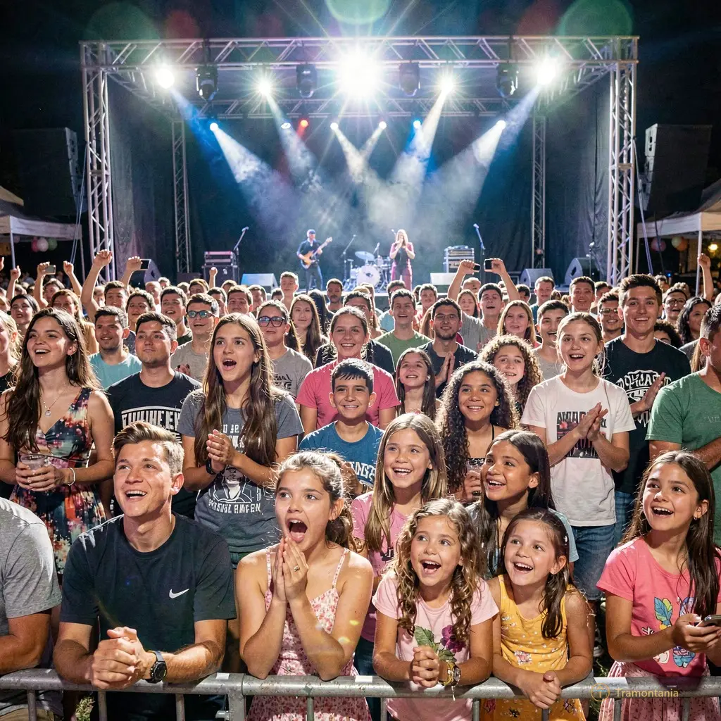 Crowd of families and teenagers watching a performance with bright stage lights reflecting on their faces