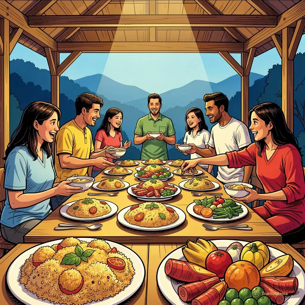 Nino, l'âne de Tramontania — Des personnes se rassemblent autour de grandes tables communes dans un pavillon, dégustant ensemble des riz aux couleurs vives et des produits locaux tout en discutant animément
