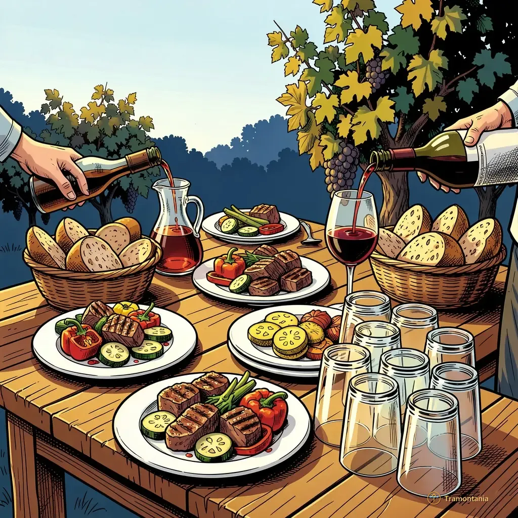 Nino, l'âne de Tramontania — Plusieurs assiettes de plats variés reposent sur des tables rustiques à l'extérieur, devant les vignes sous la lumière du soir