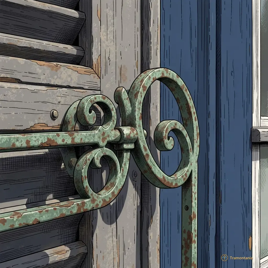 Un travail en fer forgé ancien fixé à un volet ou cadre de fenêtre en bois présente une patine verte contrastant avec le bleu profond du fond