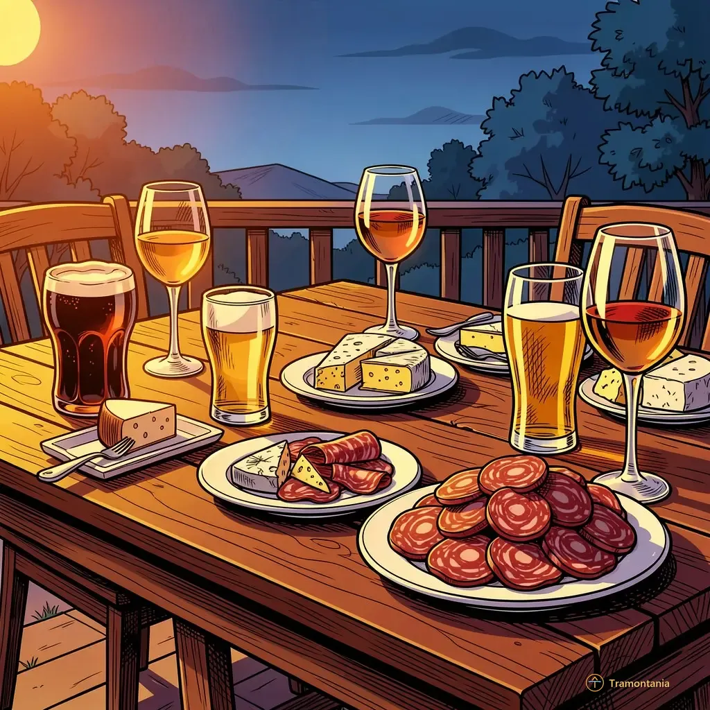 Nino, l'âne de Tramontania — Une table extérieure dressée au crépuscule présente divers verres remplis ainsi que des petites assiettes de produits régionaux