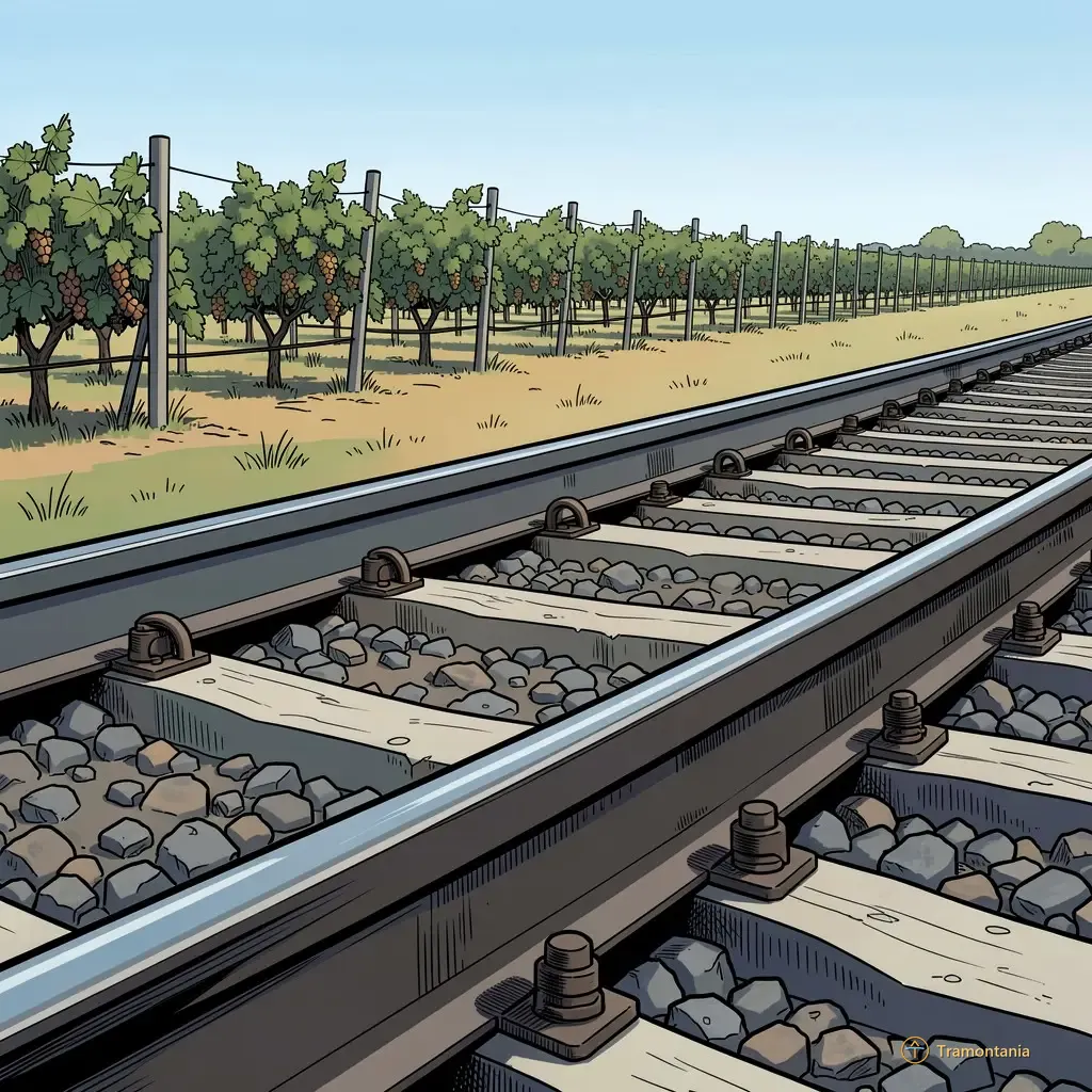 Les roues métalliques et rails d'un chemin de fer traversent un champ ouvert où sont visibles des vignes matures au loin