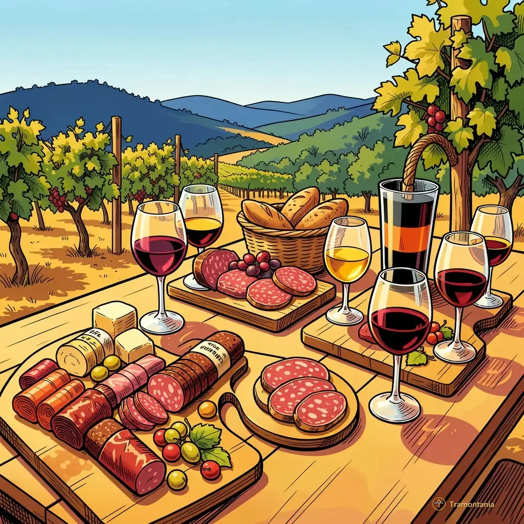 Nino, l'âne de Tramontania — Une table extérieure présente divers produits locaux comme charcuteries sur planches et différents verres à vin dégustation accompagnés d'un panier